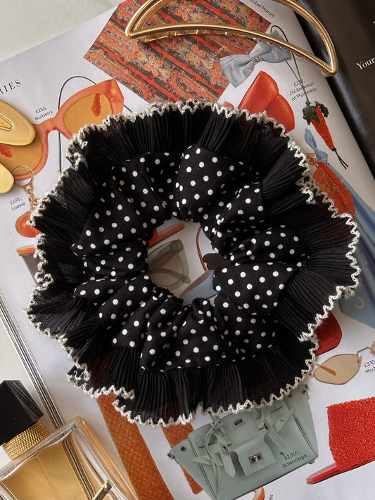 Oversized Black Polkadot Scrunchie with Black Frill Trim