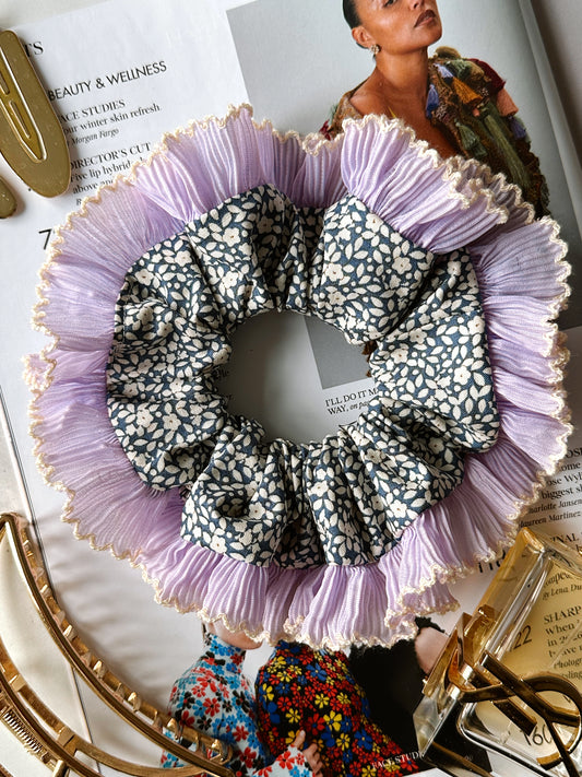 XL Blue Floral Scrunchie with Purple and White Frill Trim