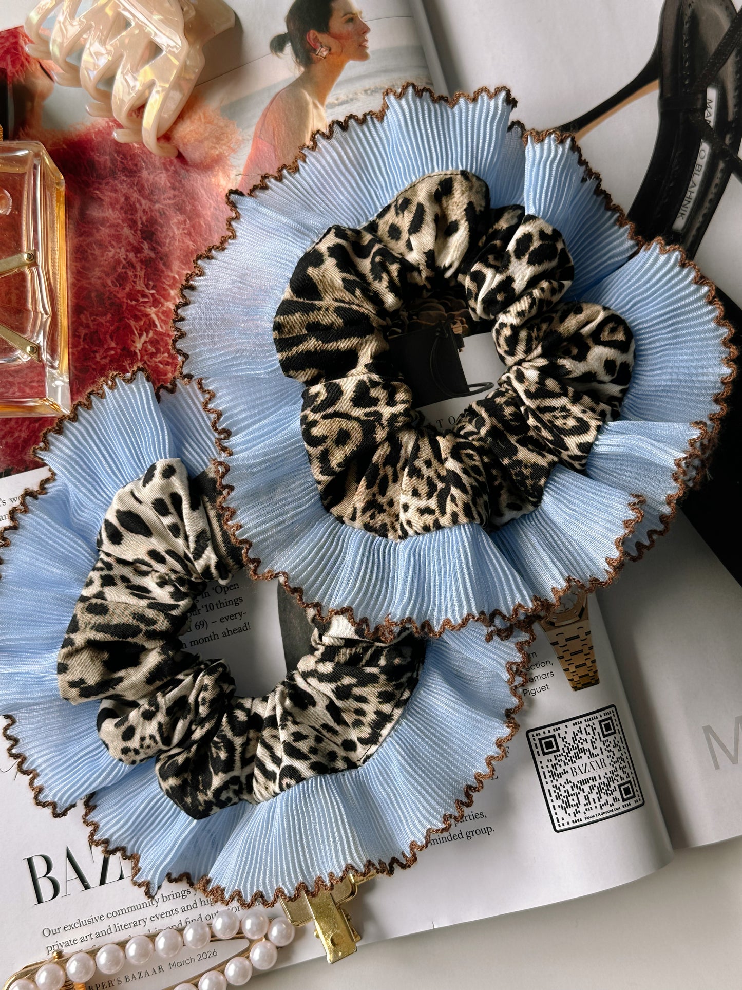 Oversized Leopard Print Scrunchie with Baby Blue Frill Trim