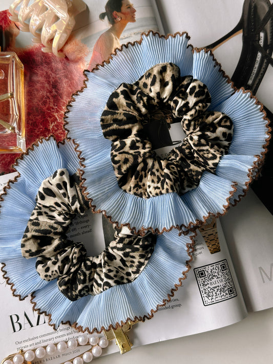 Oversized Leopard Print Scrunchie with Baby Blue Frill Trim