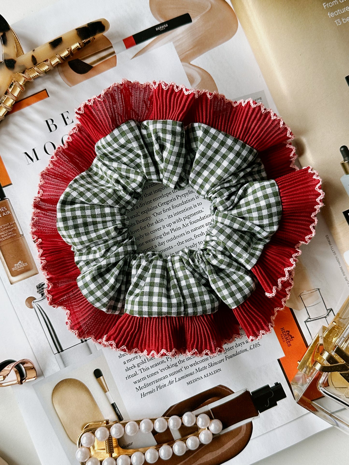 Handmade XL Dark Green Gingham Scrunchie with Red Frill Trim