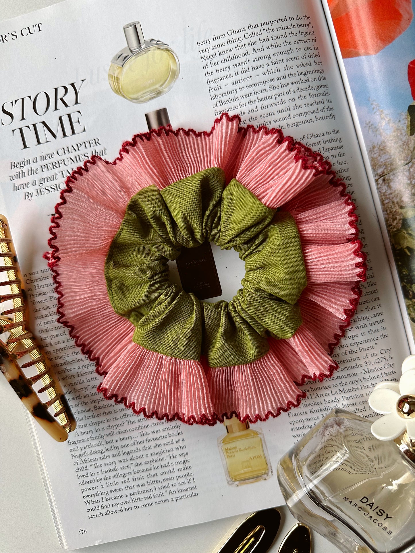 Smaller Oversized Olive Green Scrunchie with Pink and Red Frill Trim