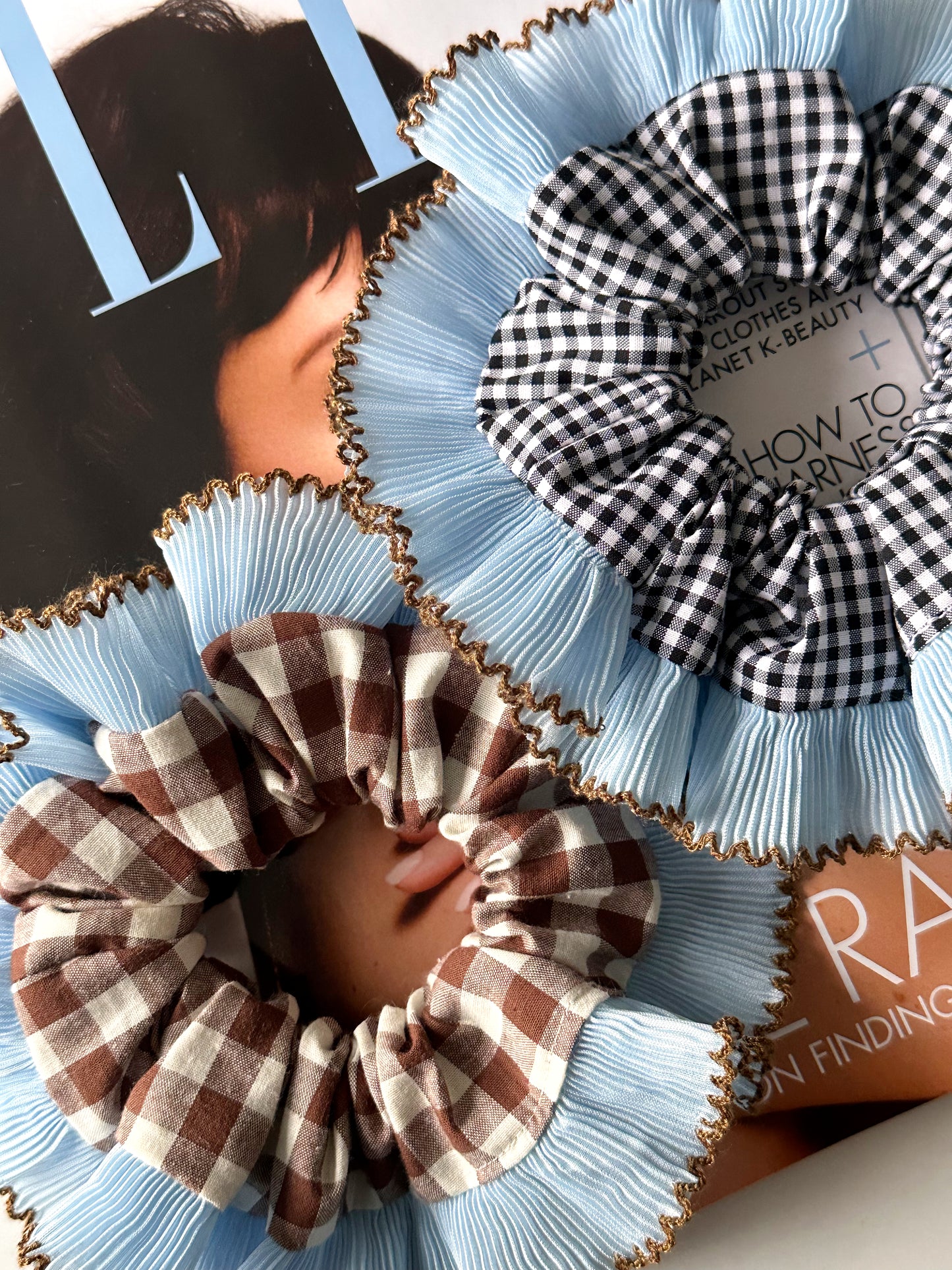 Handmade XL Brown Gingham Scrunchie with Blue and Brown Frill Trim