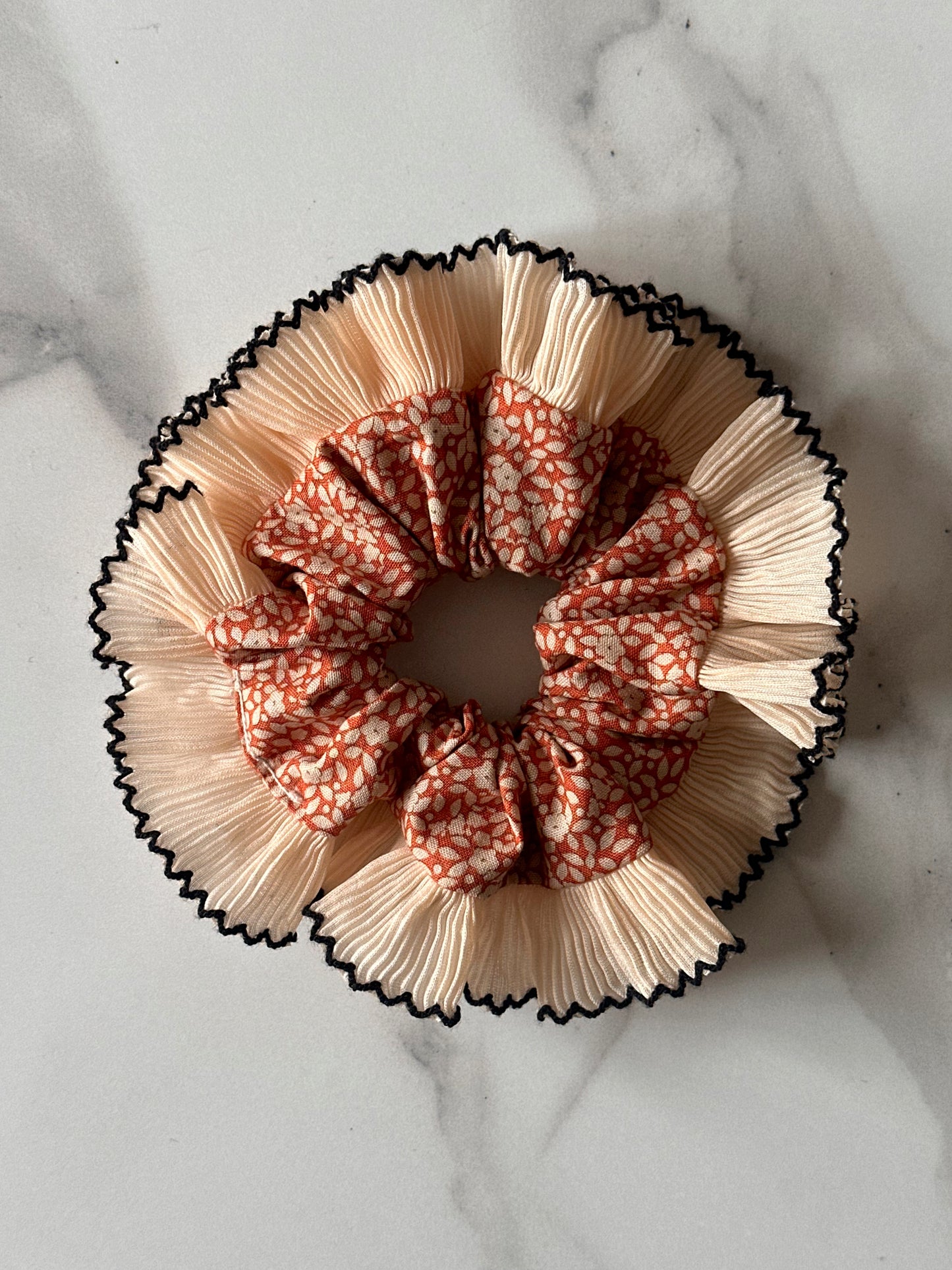 Mini Orange Floral Scrunchie with Cream Frill Trim