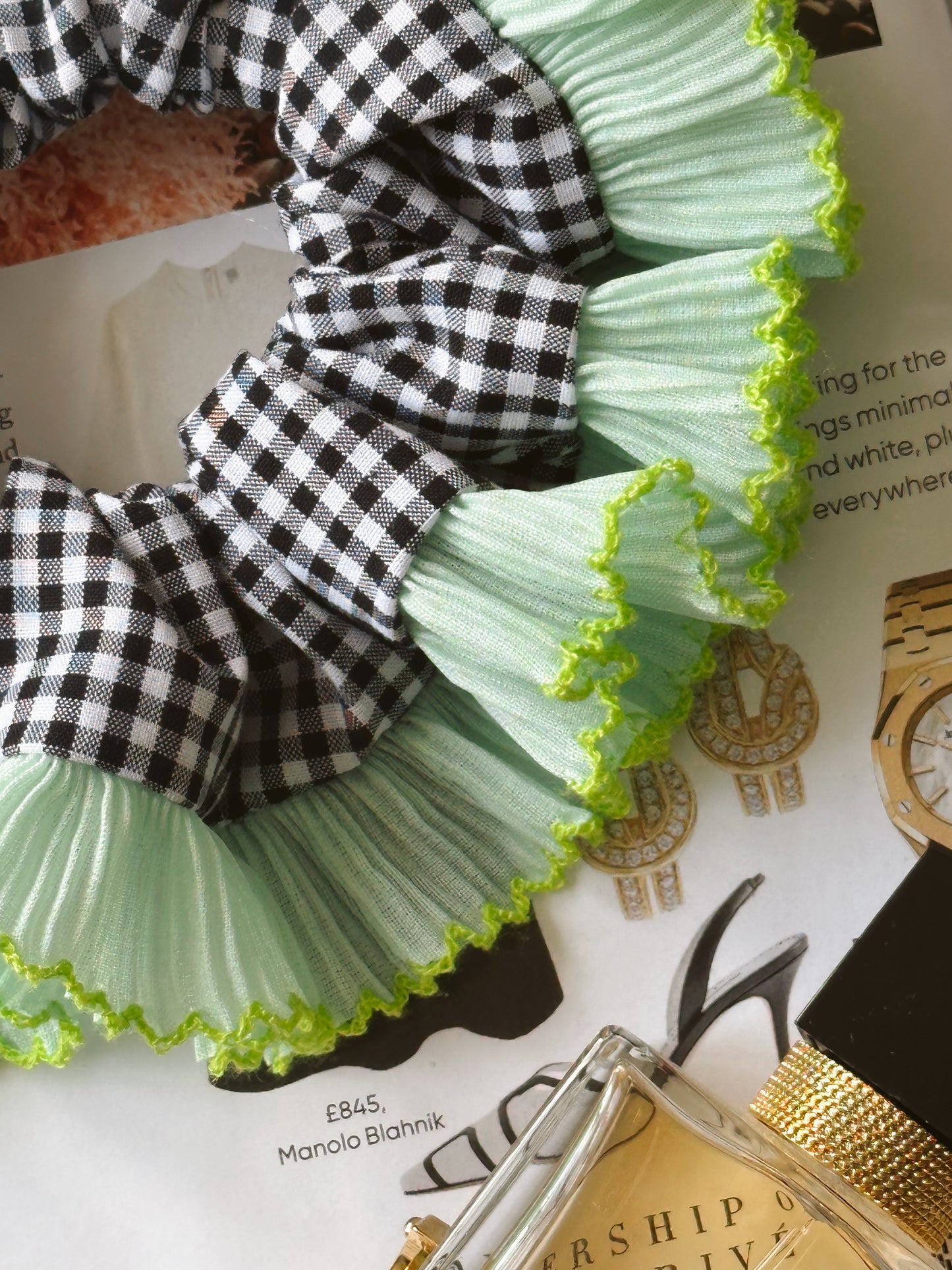 Black Gingham Scrunchie with Mint Green Frill Trim