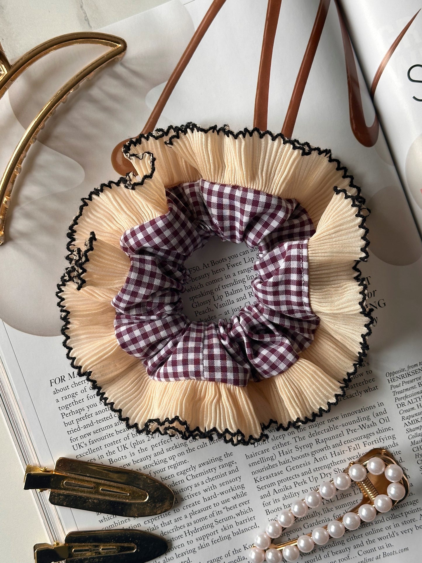 Mini Mulberry Gingham Scrunchie with Cream Frill Trim