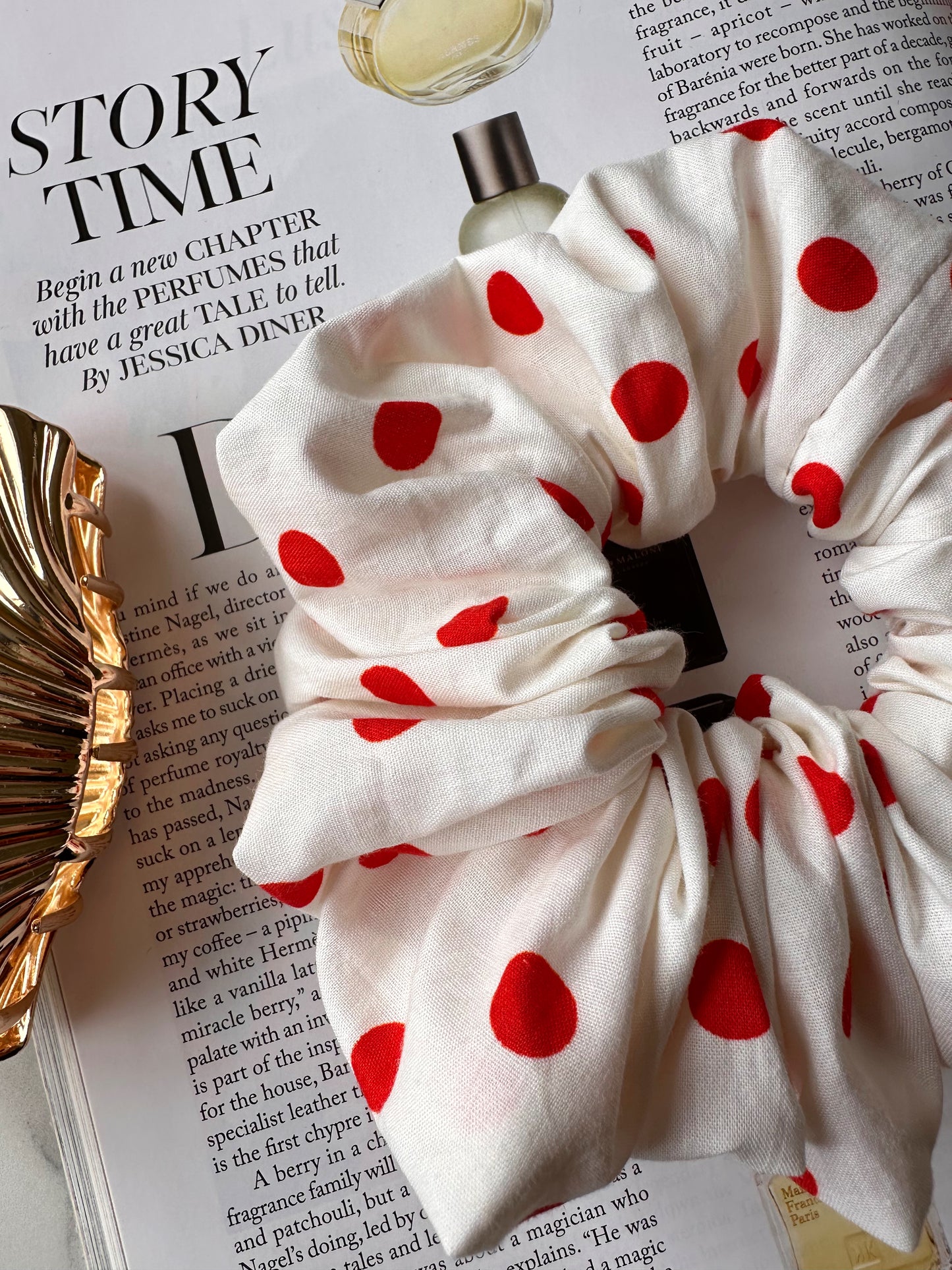 White and Red Polkadot Scrunchie