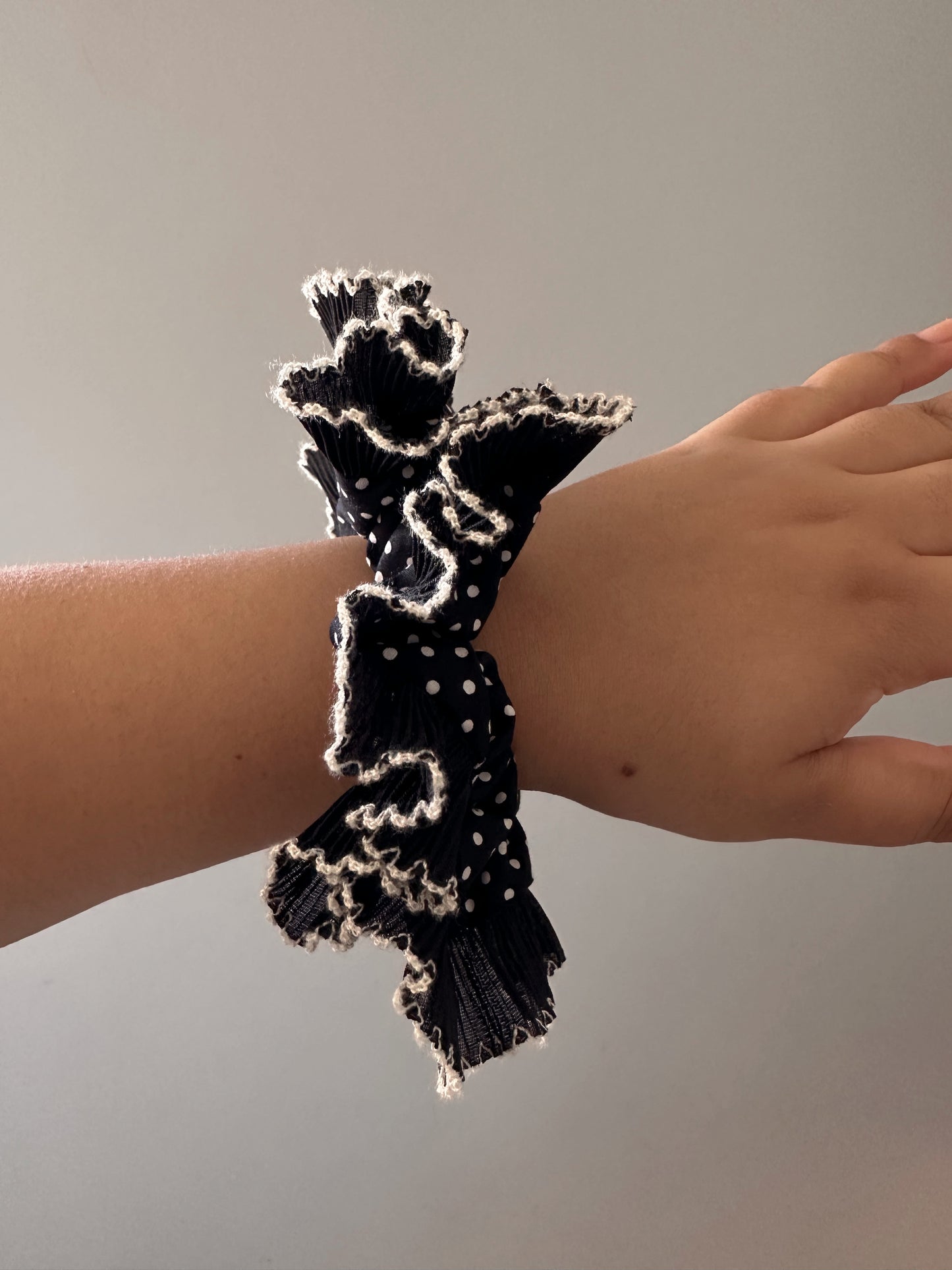 Oversized Black Polkadot Scrunchie with Black Frill Trim