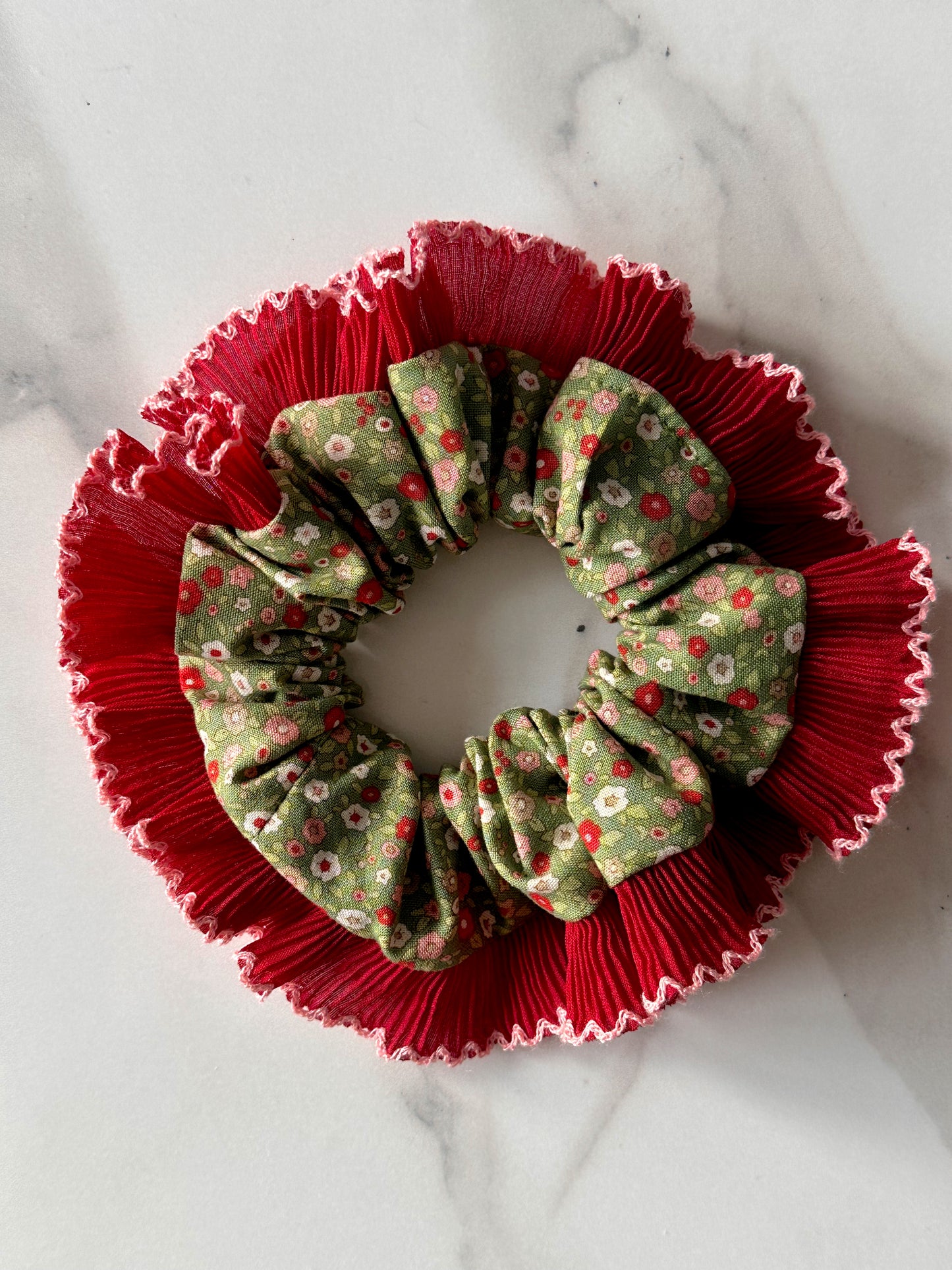 Handmade XL Dark Green Ditsy Floral Scrunchie with Red Frill Trim