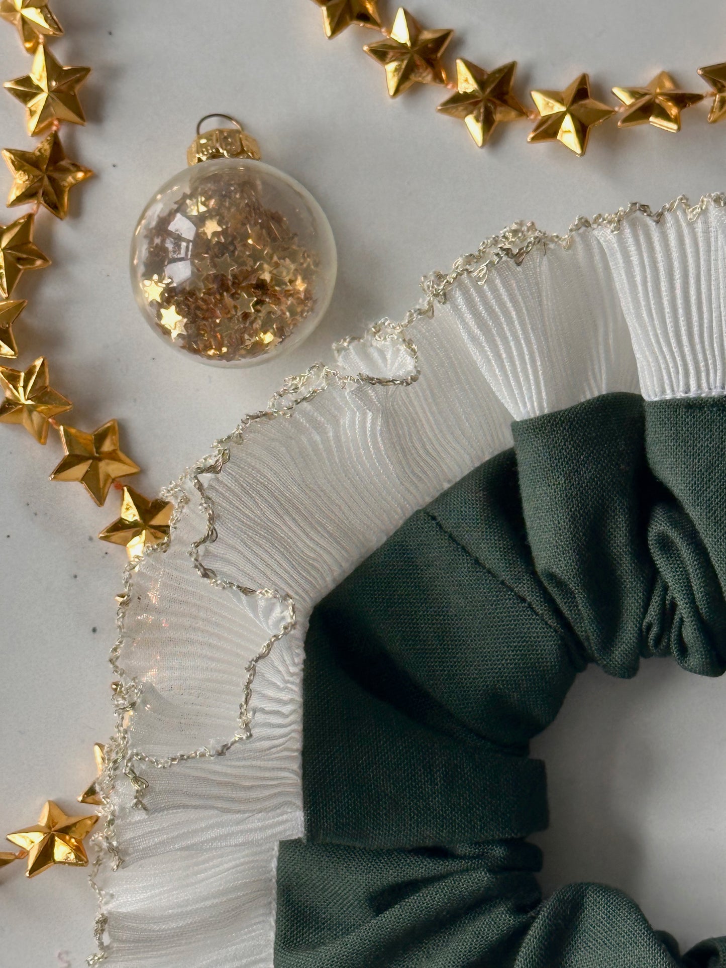 Forest Green Scrunchie with White and Gold Frill Trim