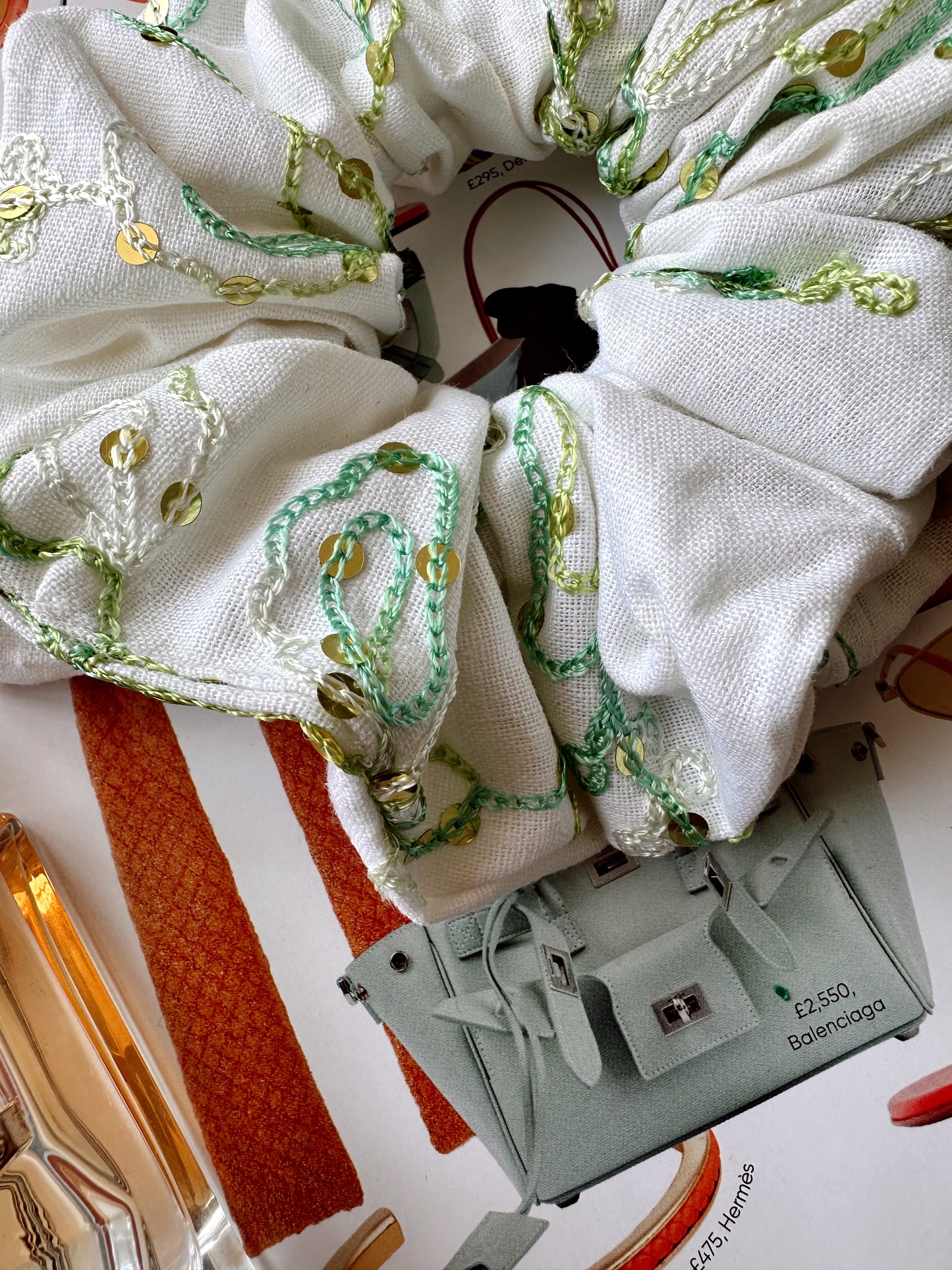 White Linen Scrunchie with Green Sequinned Embroidery