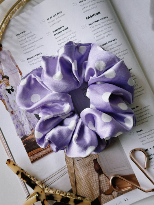 Purple and White Polkadot Satin Scrunchie