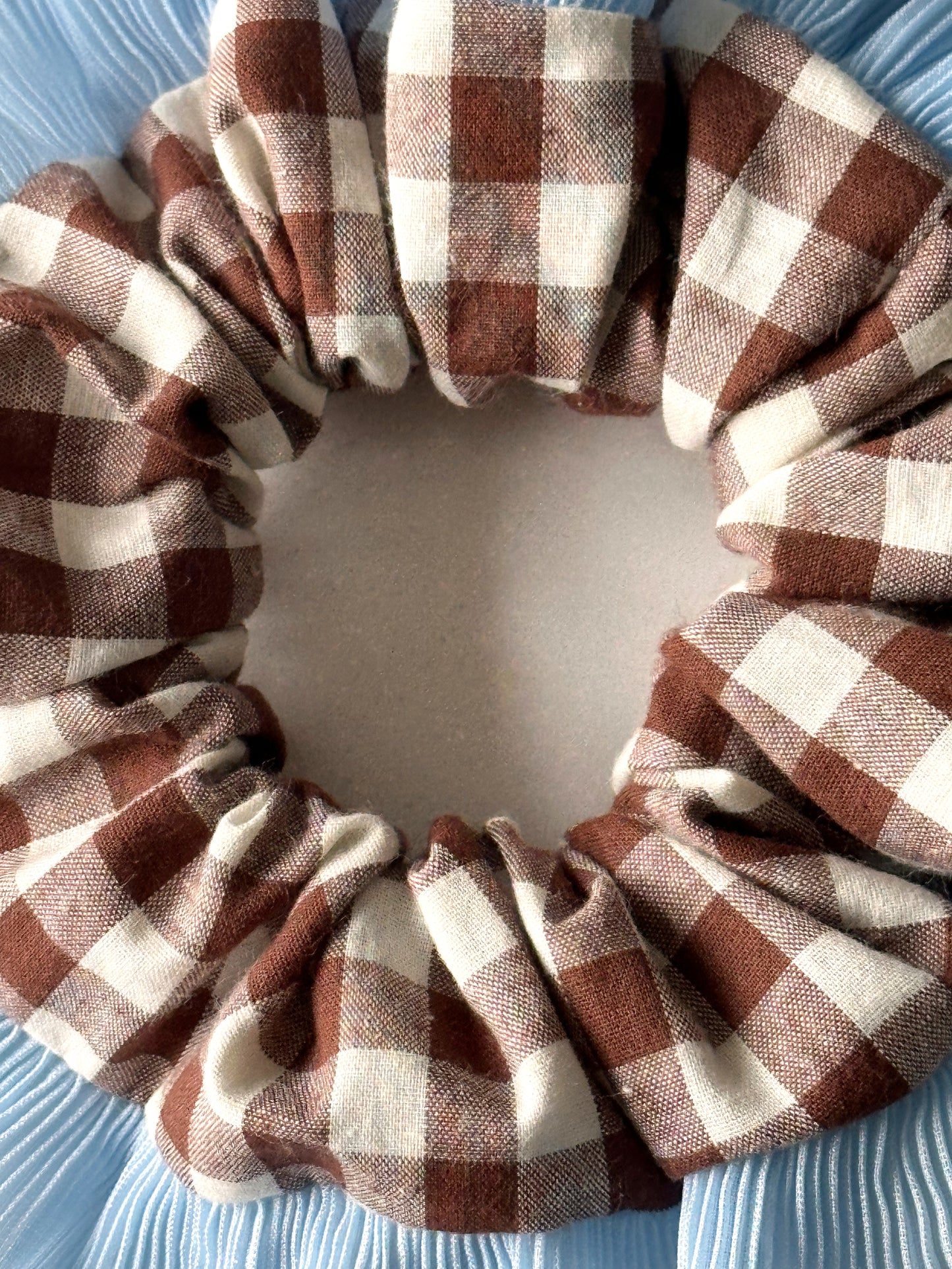 Handmade XL Brown Gingham Scrunchie with Blue and Brown Frill Trim