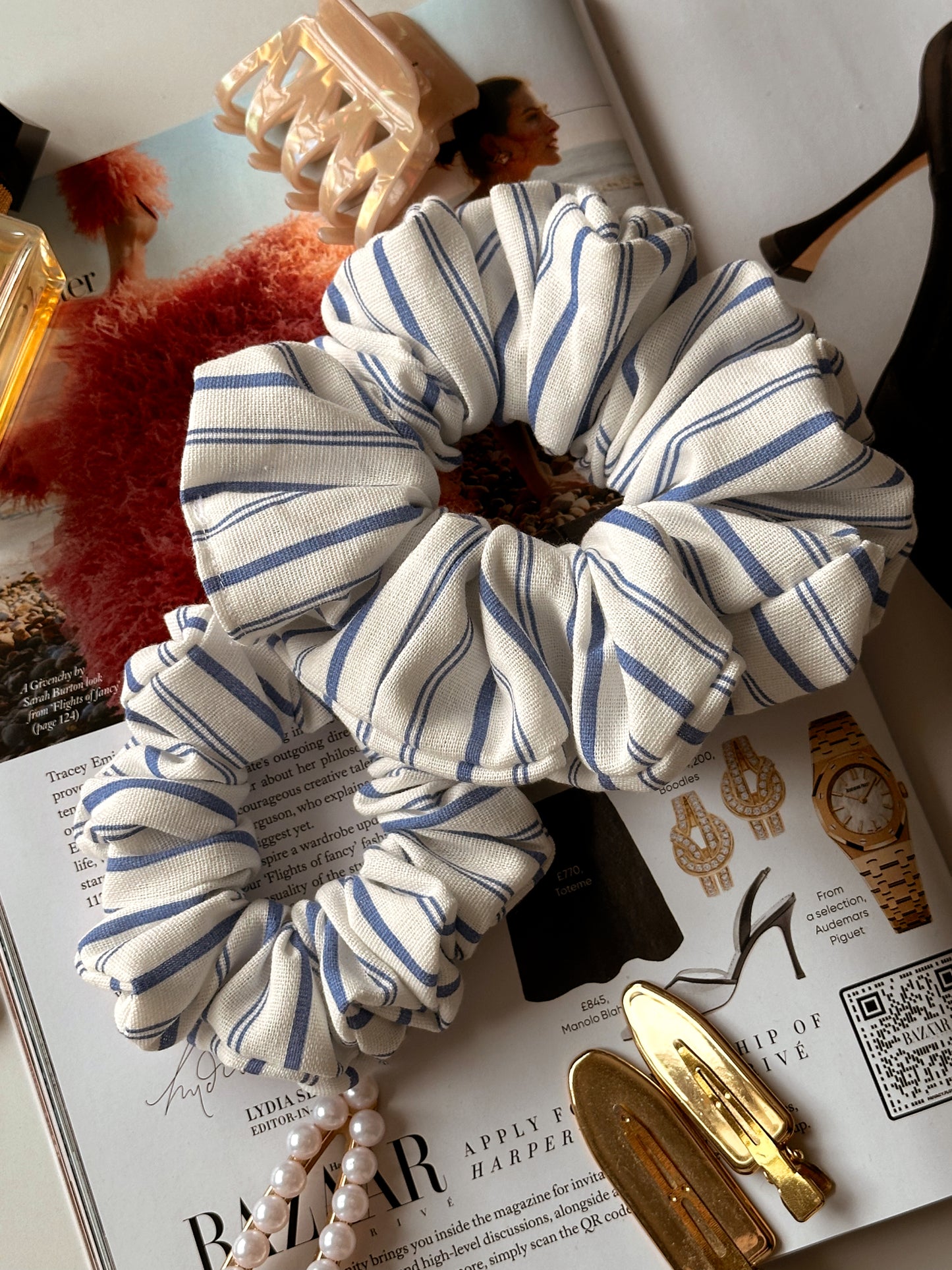 Blue & White Striped Linen Scrunchie