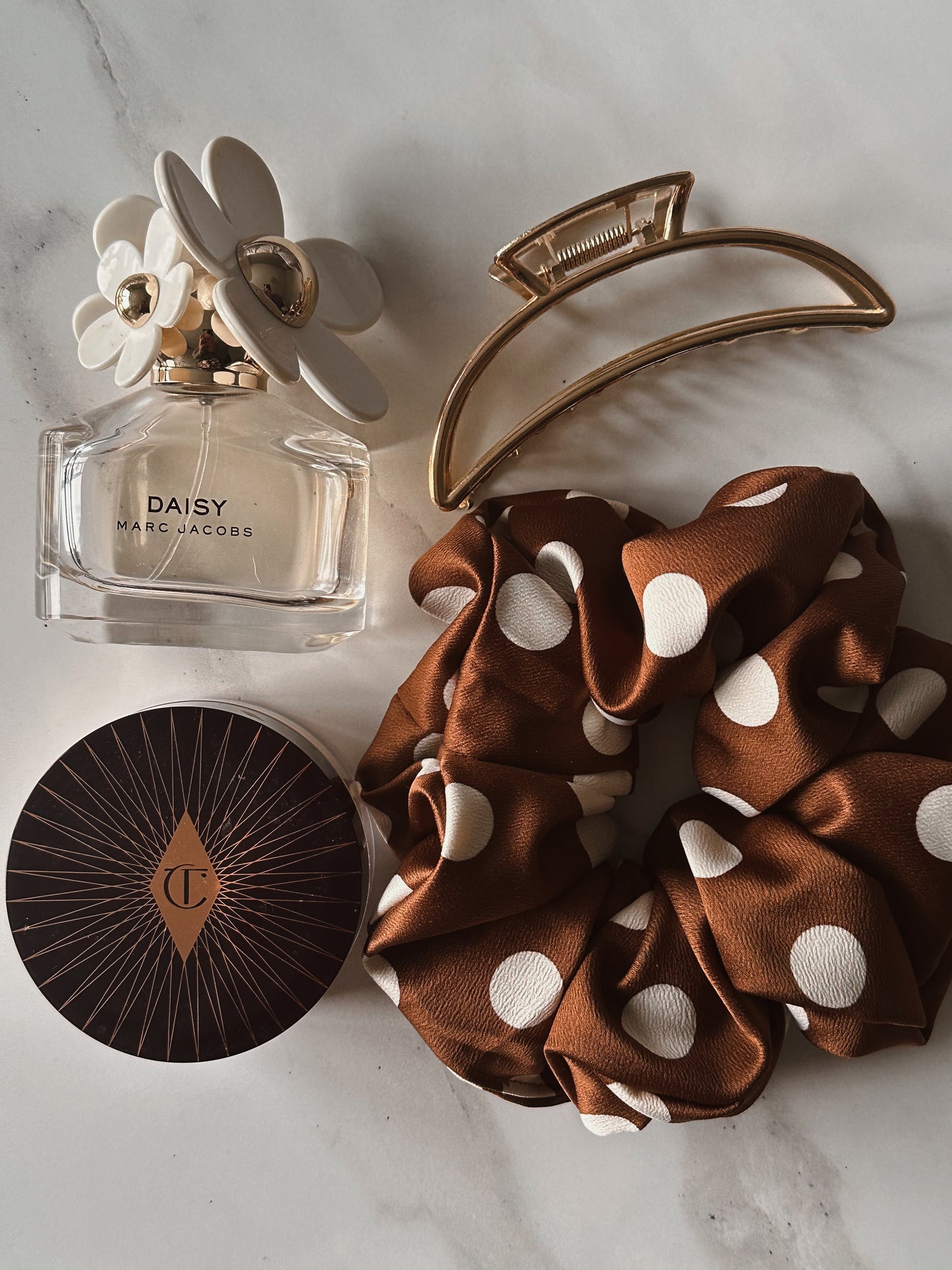 Brown and White Polkadot Satin Scrunchie