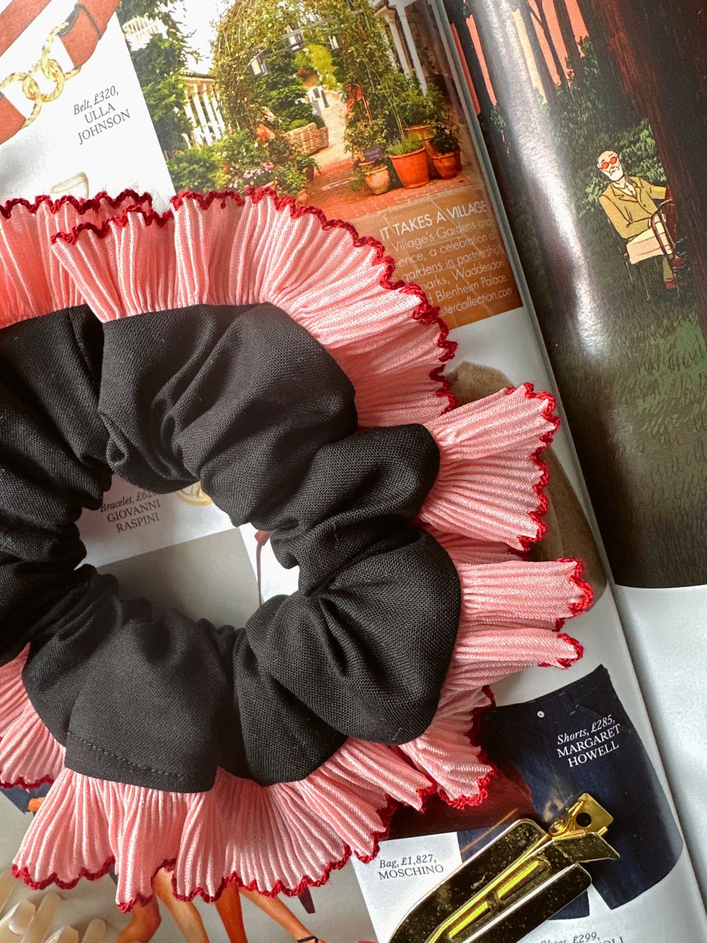 Handmade XL Black Cotton Scrunchie with Pink Frill Trim