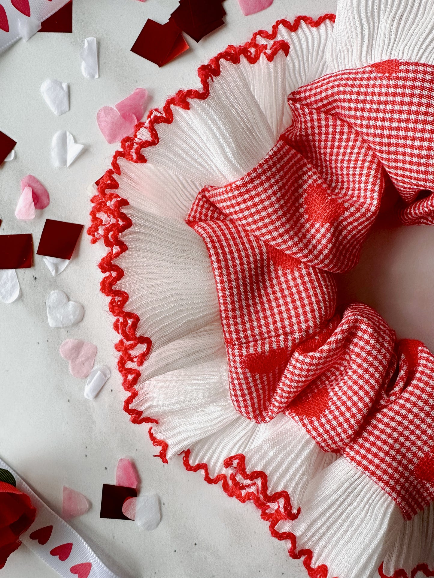 XL Valentines Gingham Scrunchie with White and Red Frill Trim