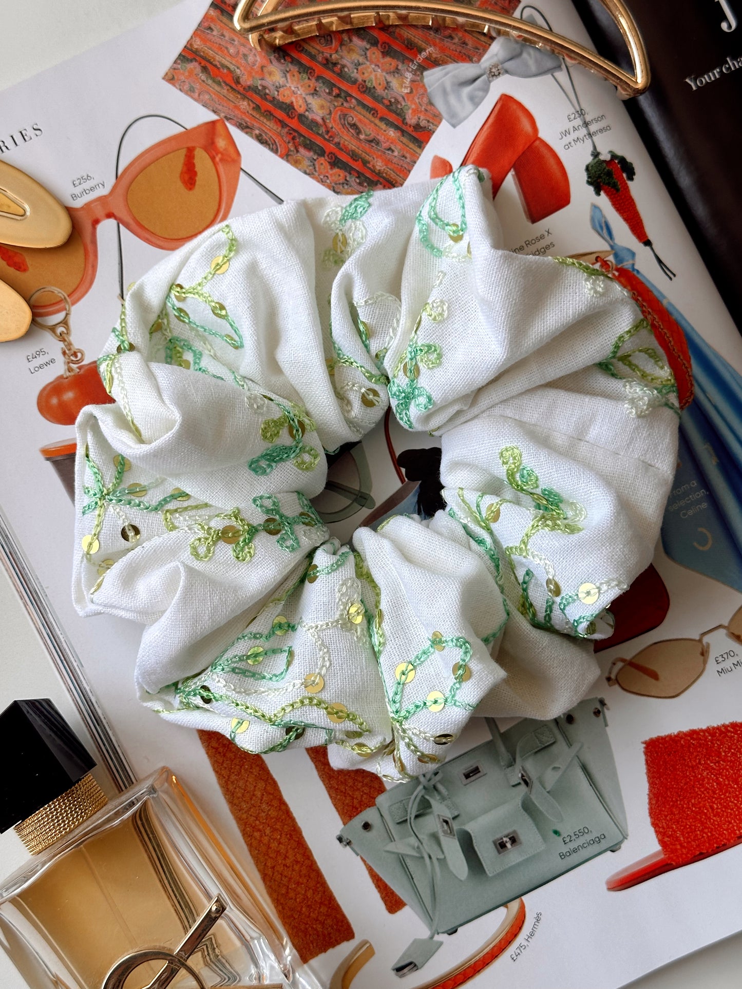 White Linen Scrunchie with Green Sequinned Embroidery