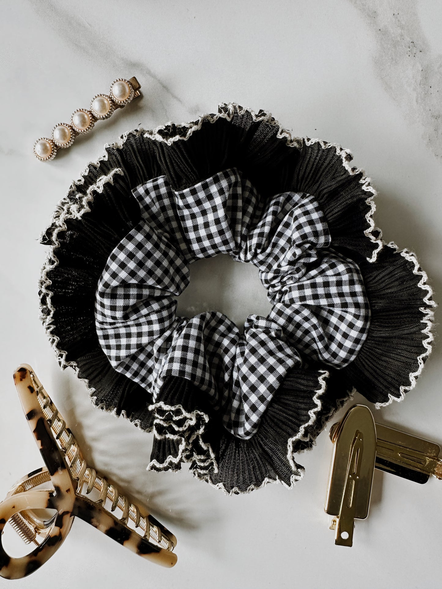Black Gingham Scrunchie with Black and White Frill Trim