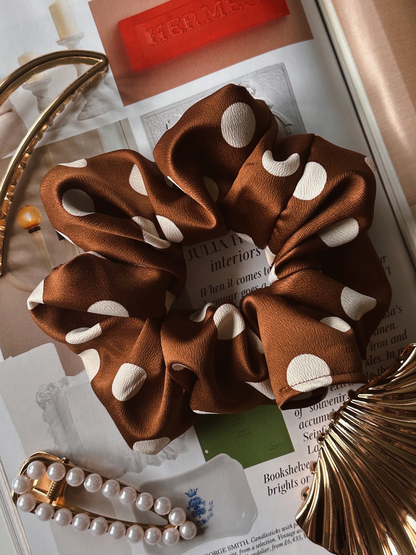 Brown and White Polkadot Satin Scrunchie