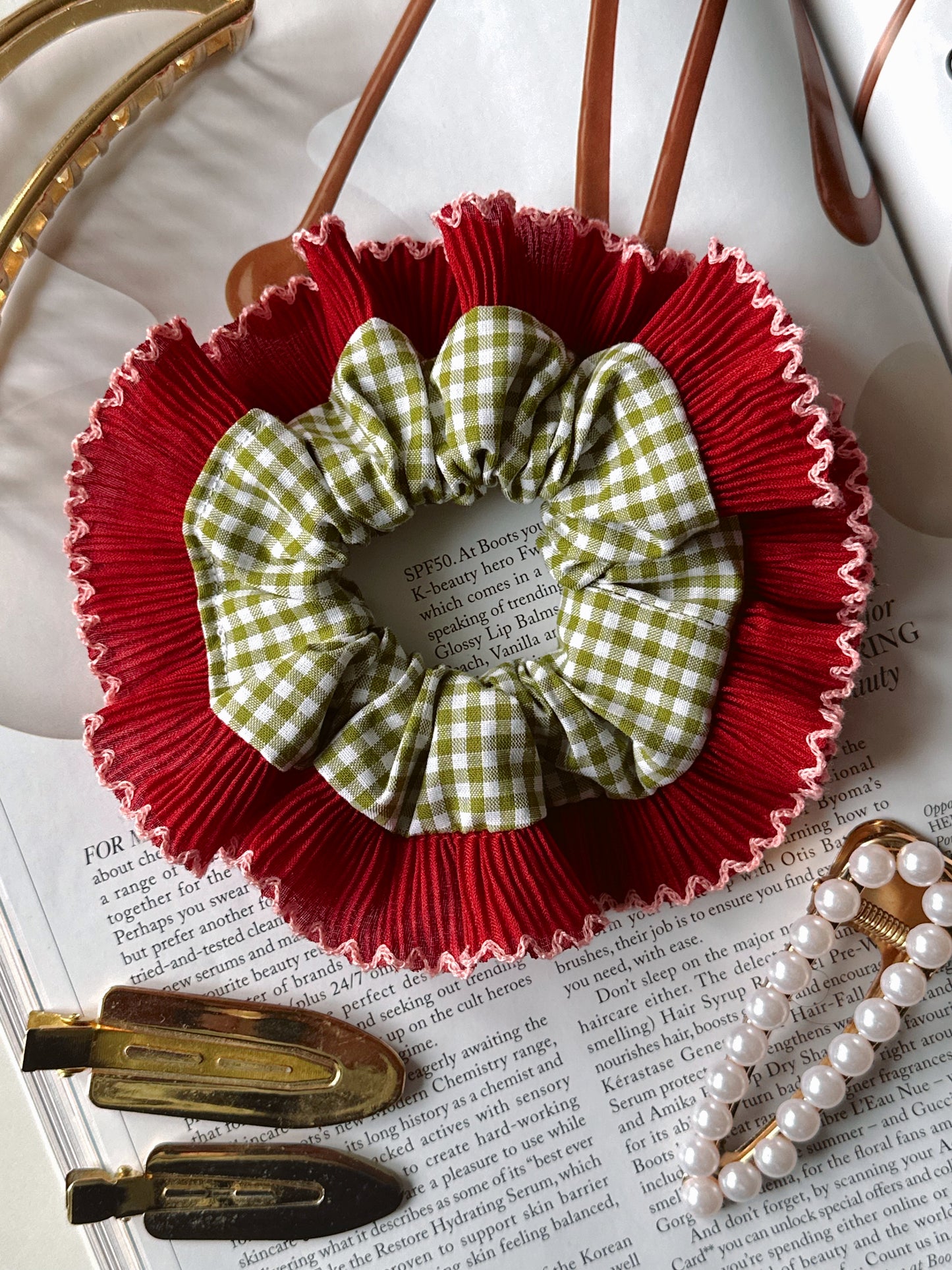 Mini Olive Green Gingham Scrunchie with Red Frill Trim