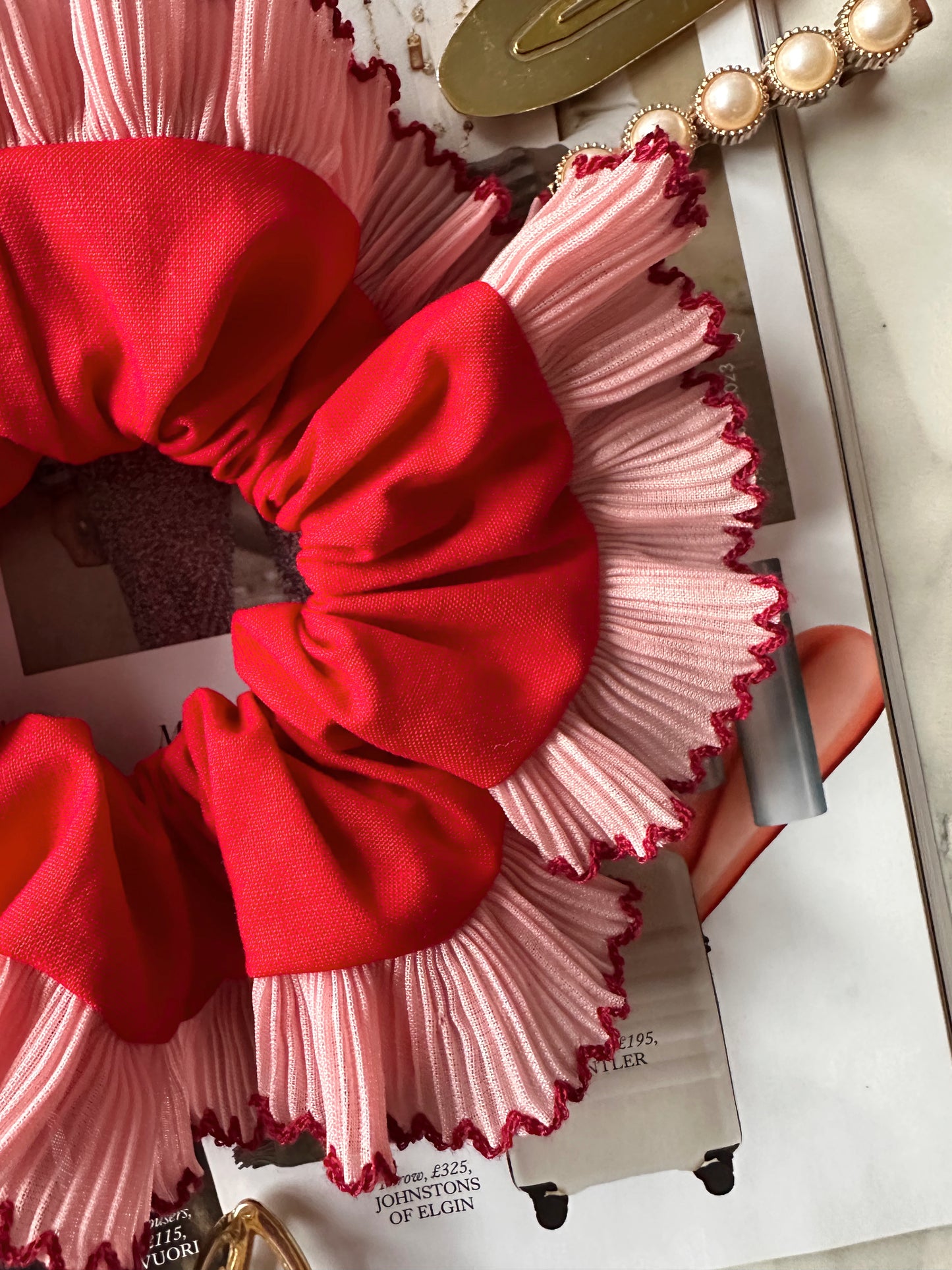 XL Red Scrunchie with Pink and Red Frill Trim