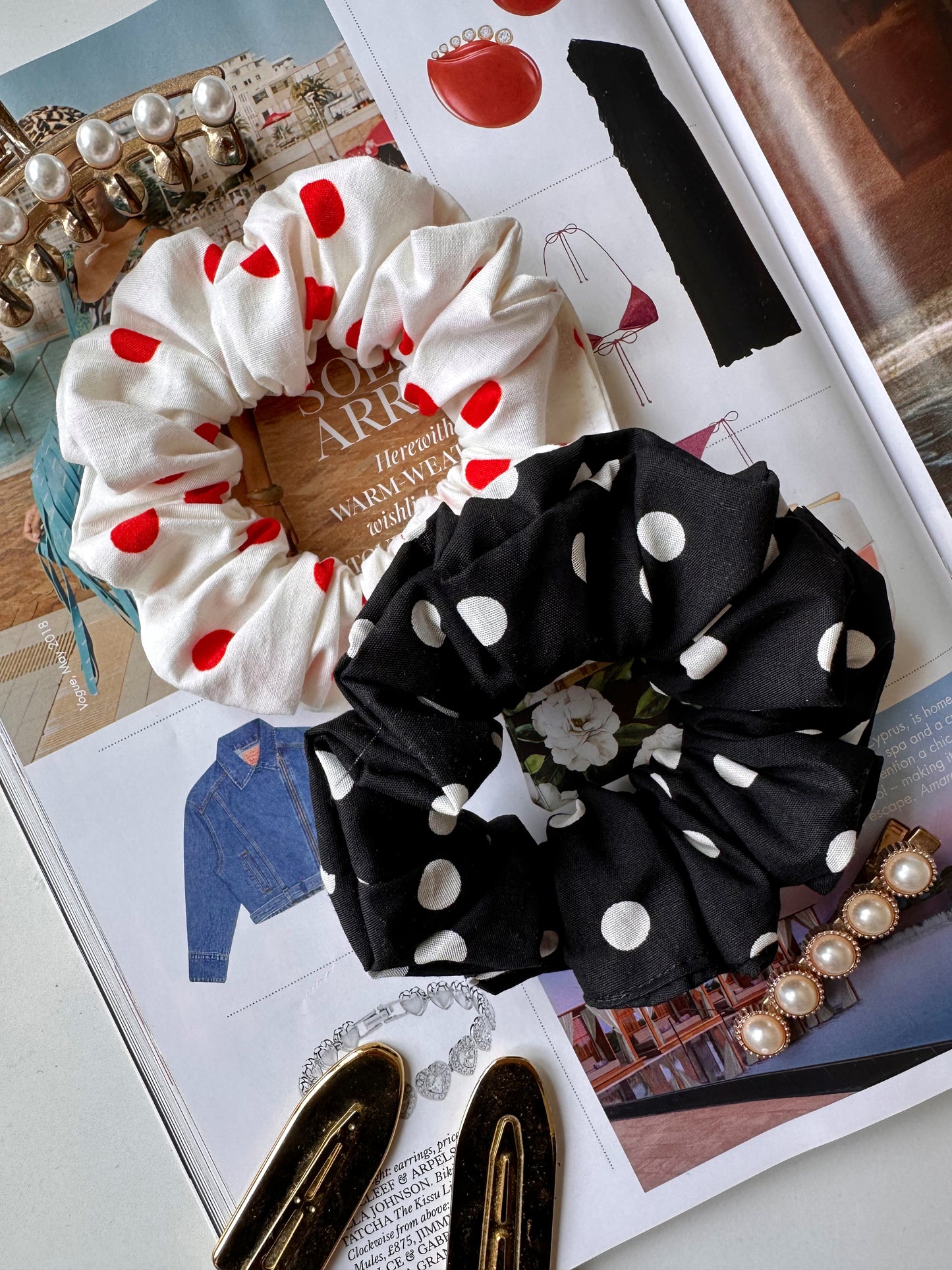 White and Red Polkadot Scrunchie