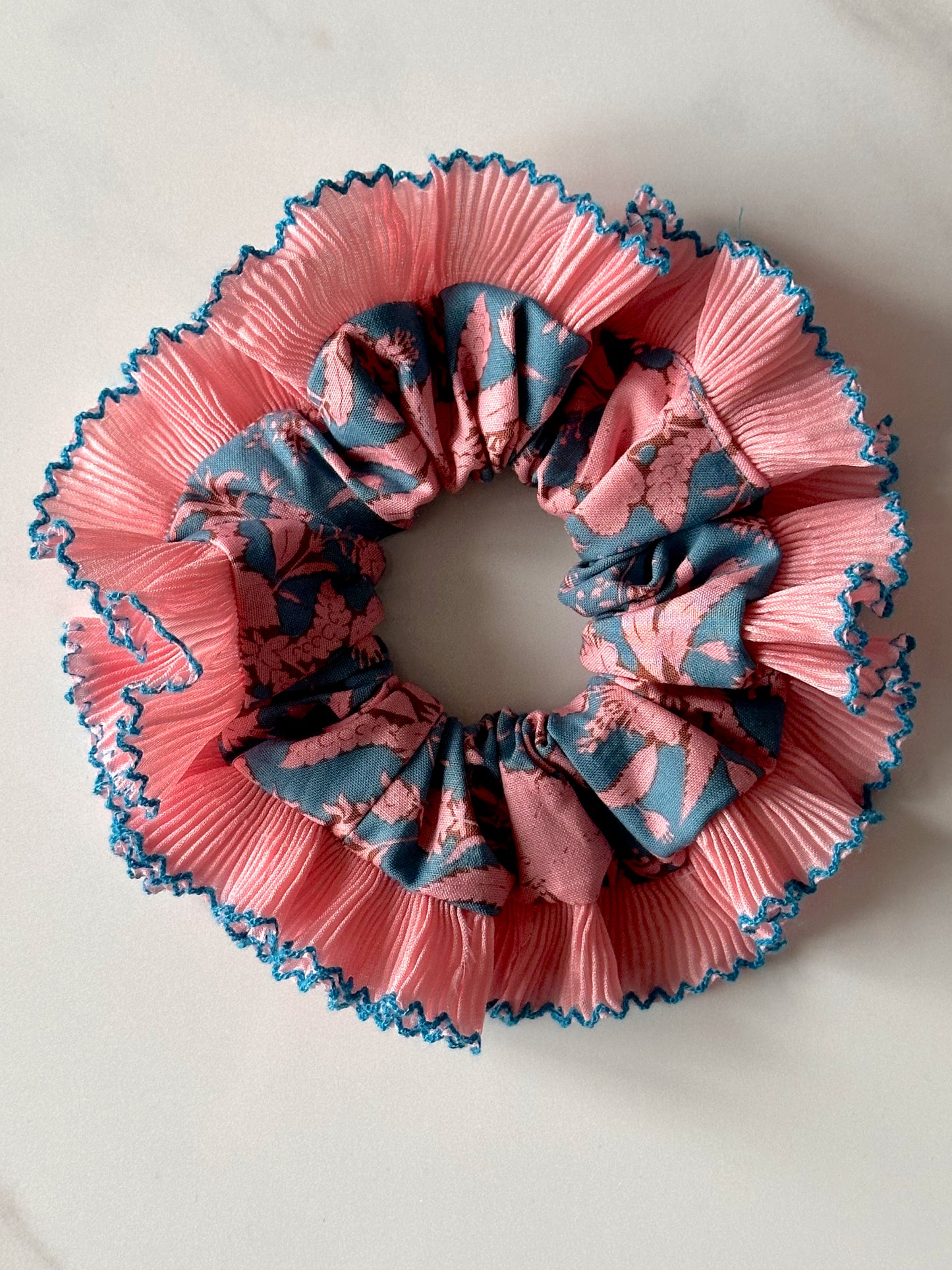 Oversized Turquoise and Pink Scrunchie with a Pink Frill Trim