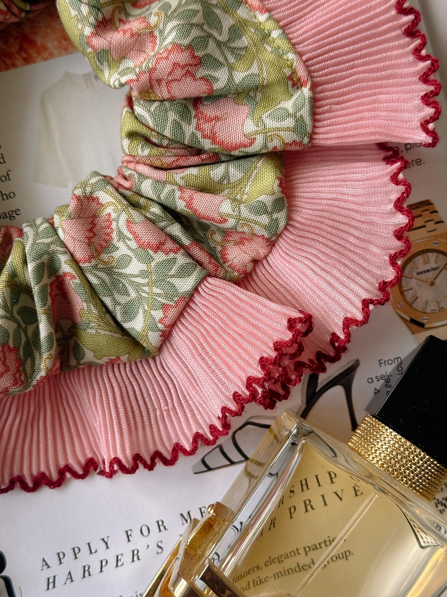 XL Victorian Floral Scrunchie with Pink and Red Frill Trim