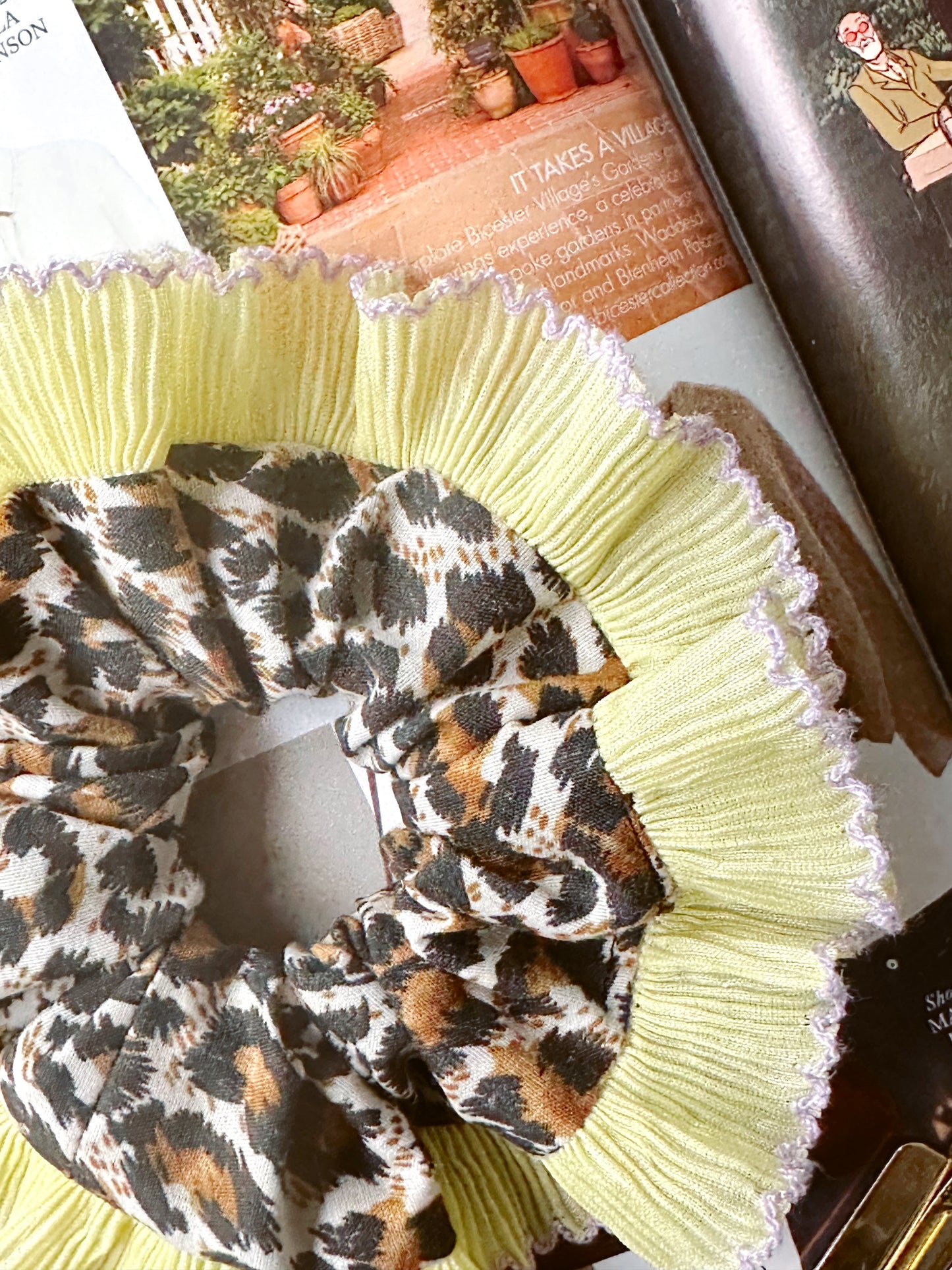 Mini Oversized Leopard Print Scrunchie with a Yellow Frill Trim