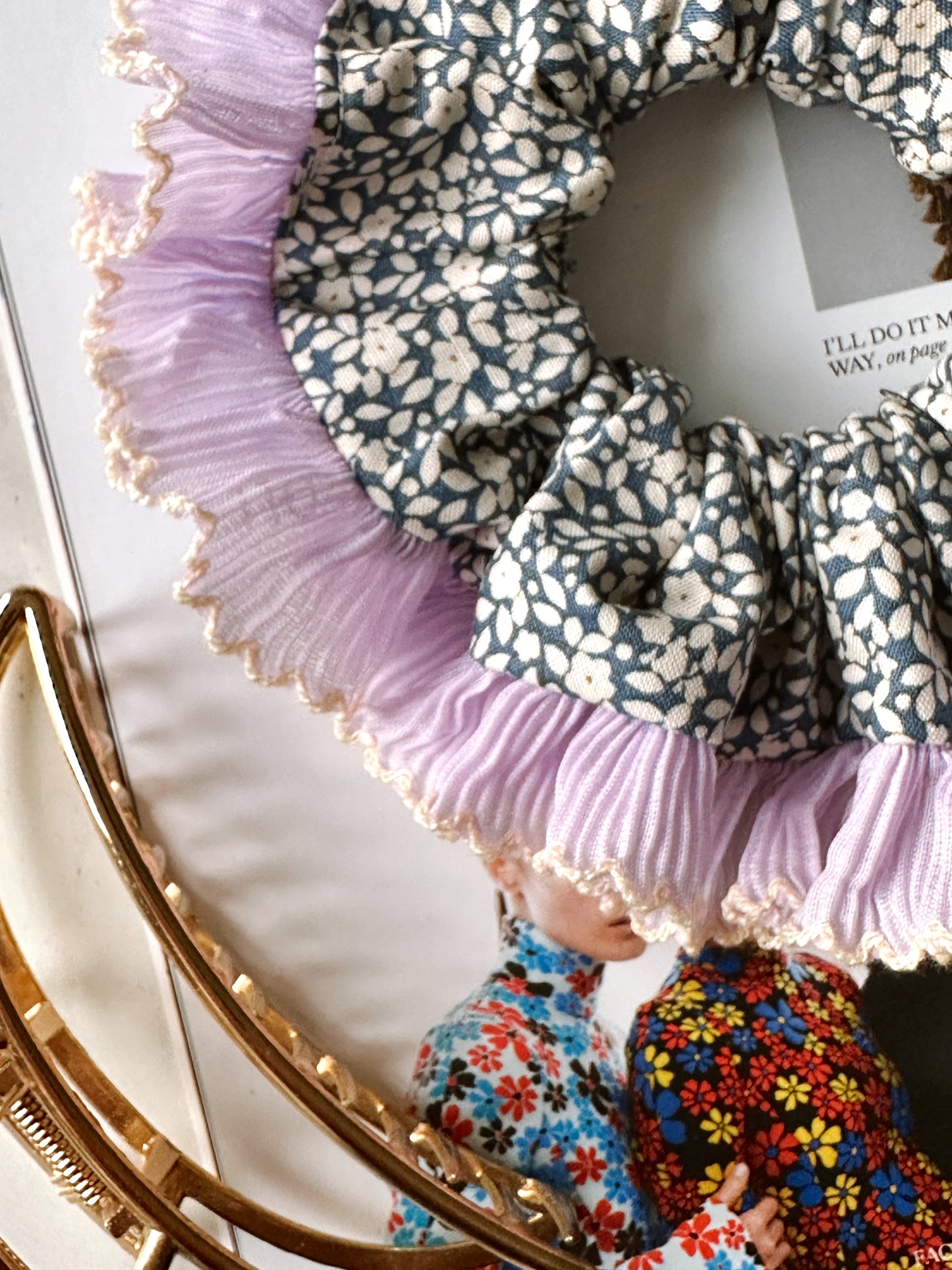 XL Blue Floral Scrunchie with Purple and White Frill Trim