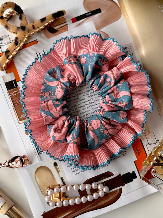 Oversized Turquoise and Pink Scrunchie with a Pink Frill Trim