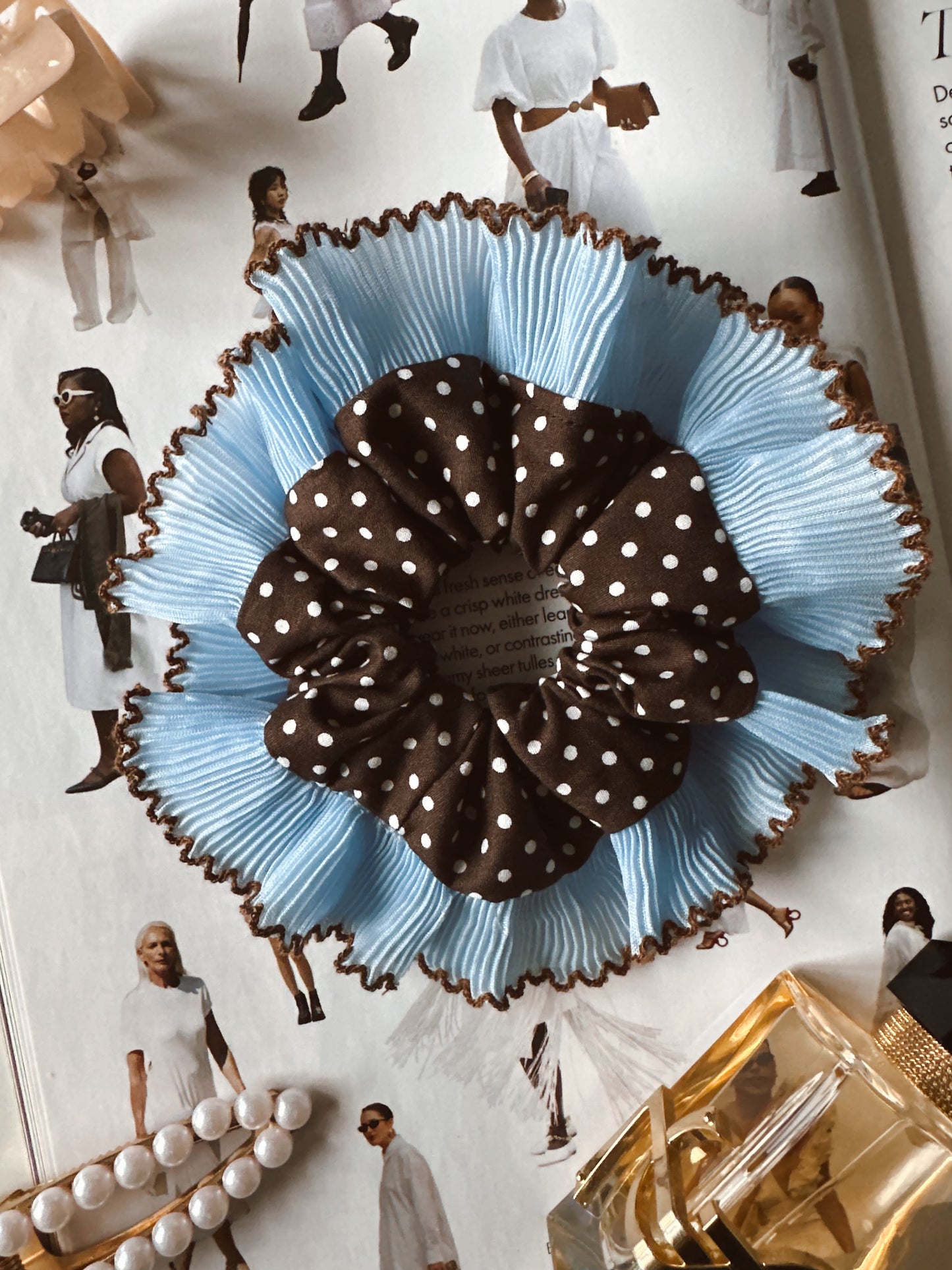 Oversized Dark Brown Polkadot Scrunchie with Baby Blue Frill Trim