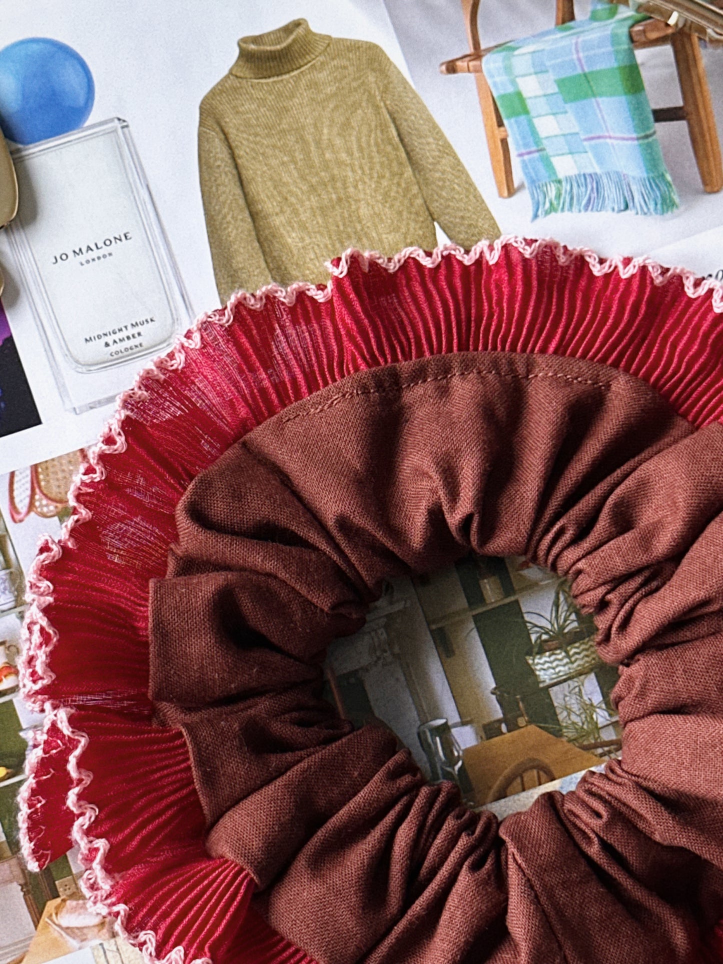 XL Brown Scrunchie with Red and Pink Frill Trim