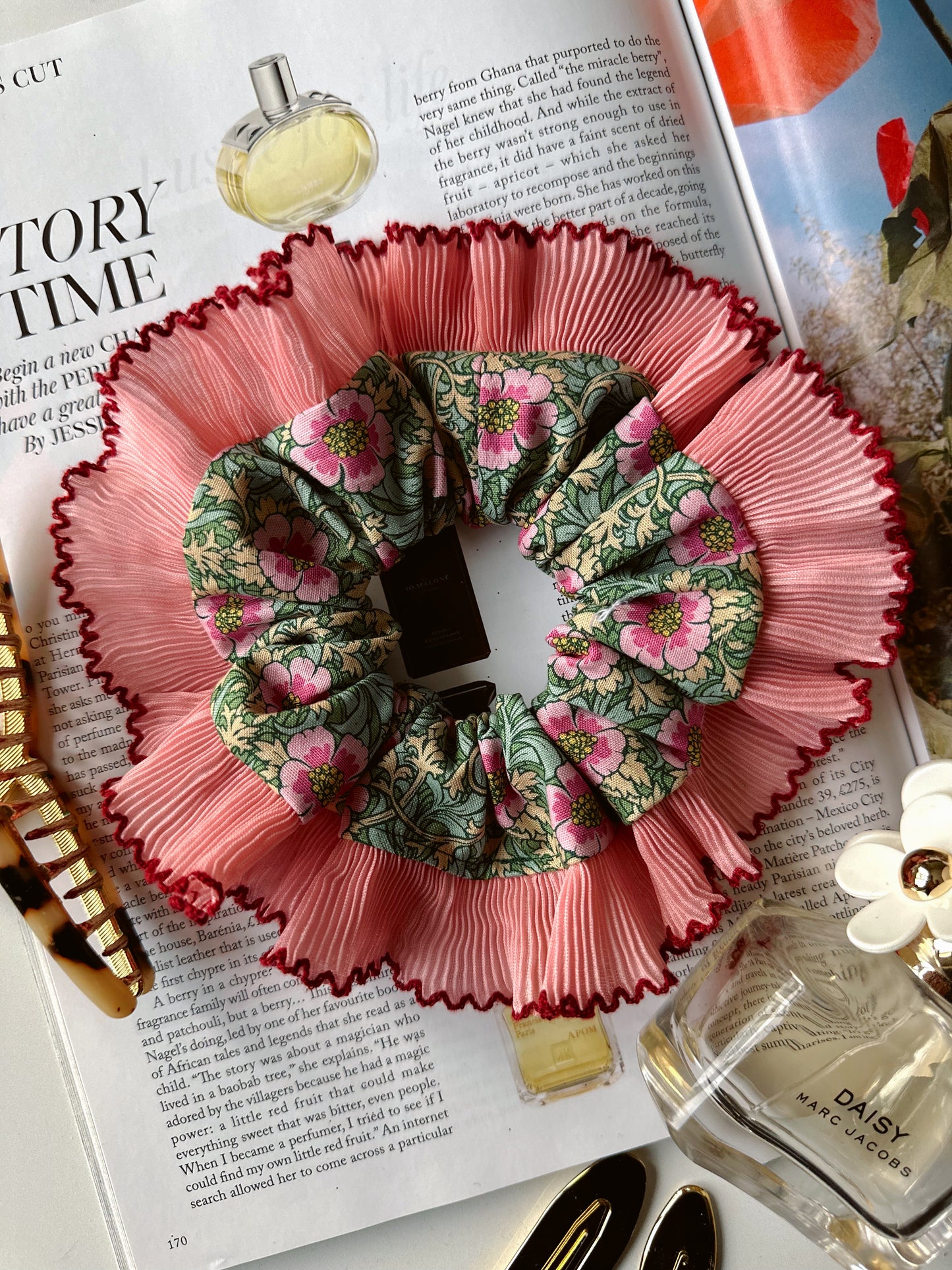 XL Floral Scrunchie with Pink and Red Frill Trim