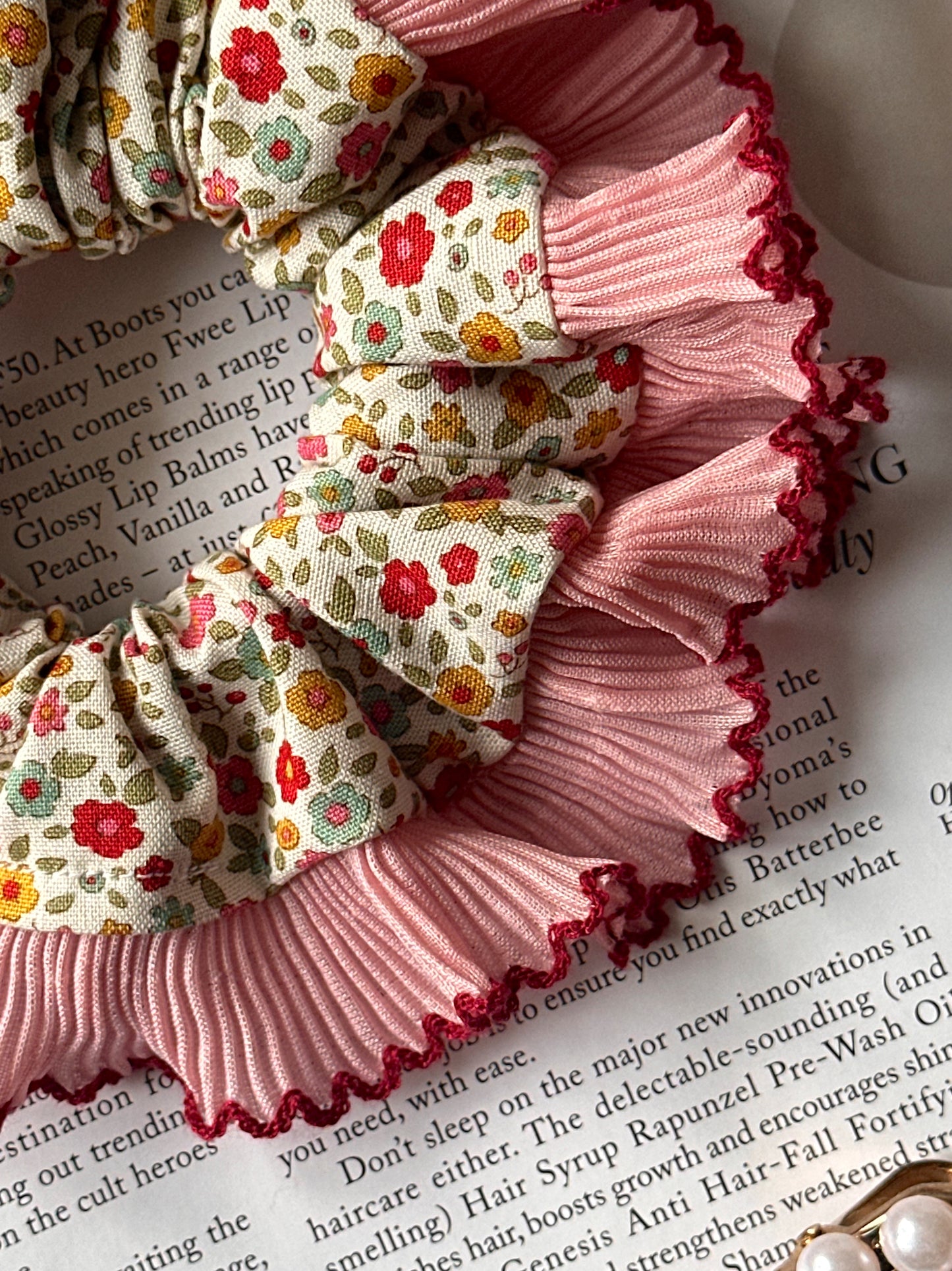 Mini Cream Floral Scrunchie with Pink Frill Trim
