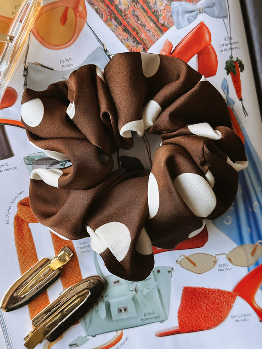 Chocolate Brown Polka Dot Silk Scrunchie