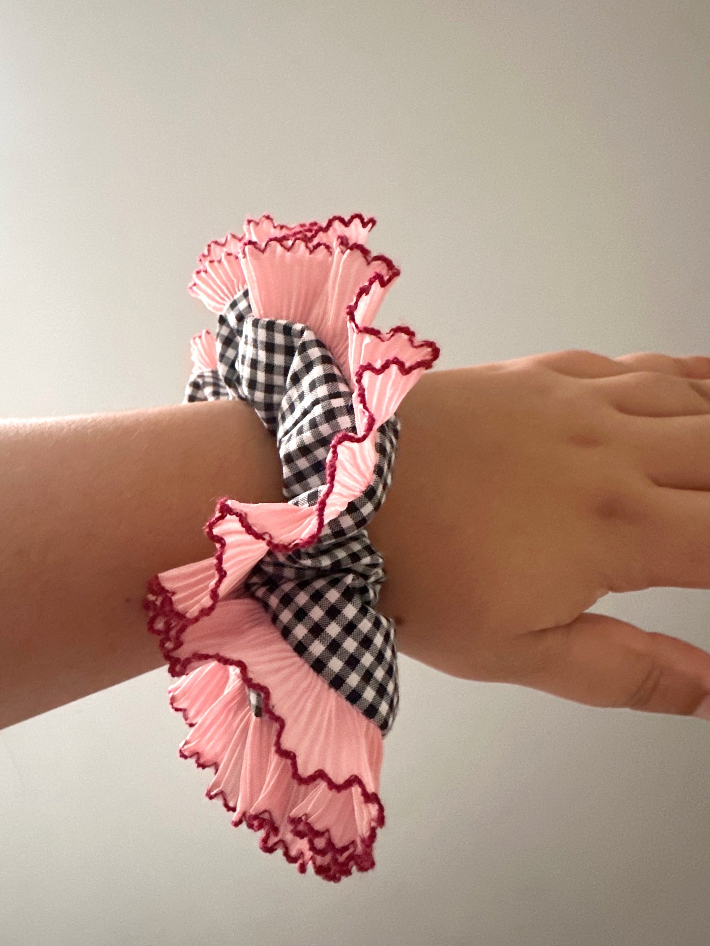 Handmade XL Black Gingham Scrunchie with Pink and Red Frill Trim