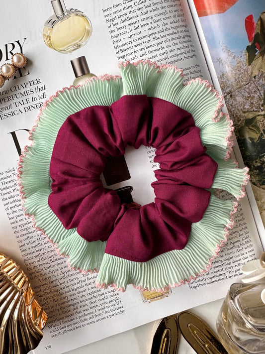 Purple Scrunchie with Green and Pink Frill Trim