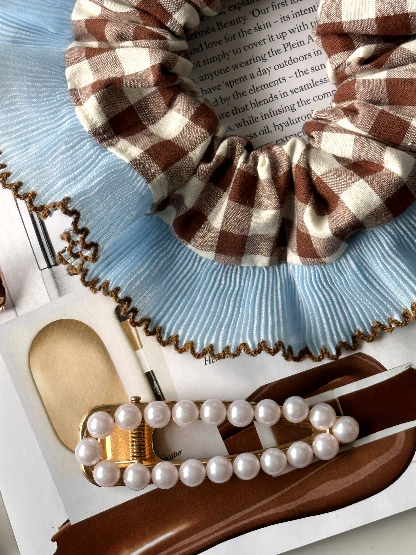 Handmade XL Brown Gingham Scrunchie with Blue and Brown Frill Trim