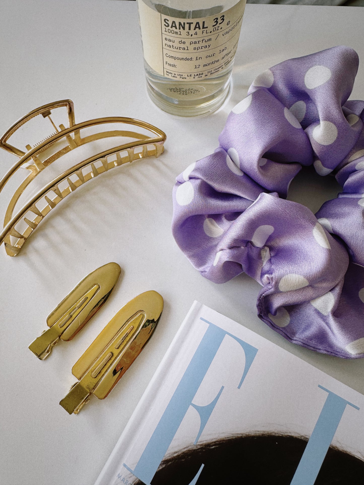 Purple and White Polkadot Satin Scrunchie