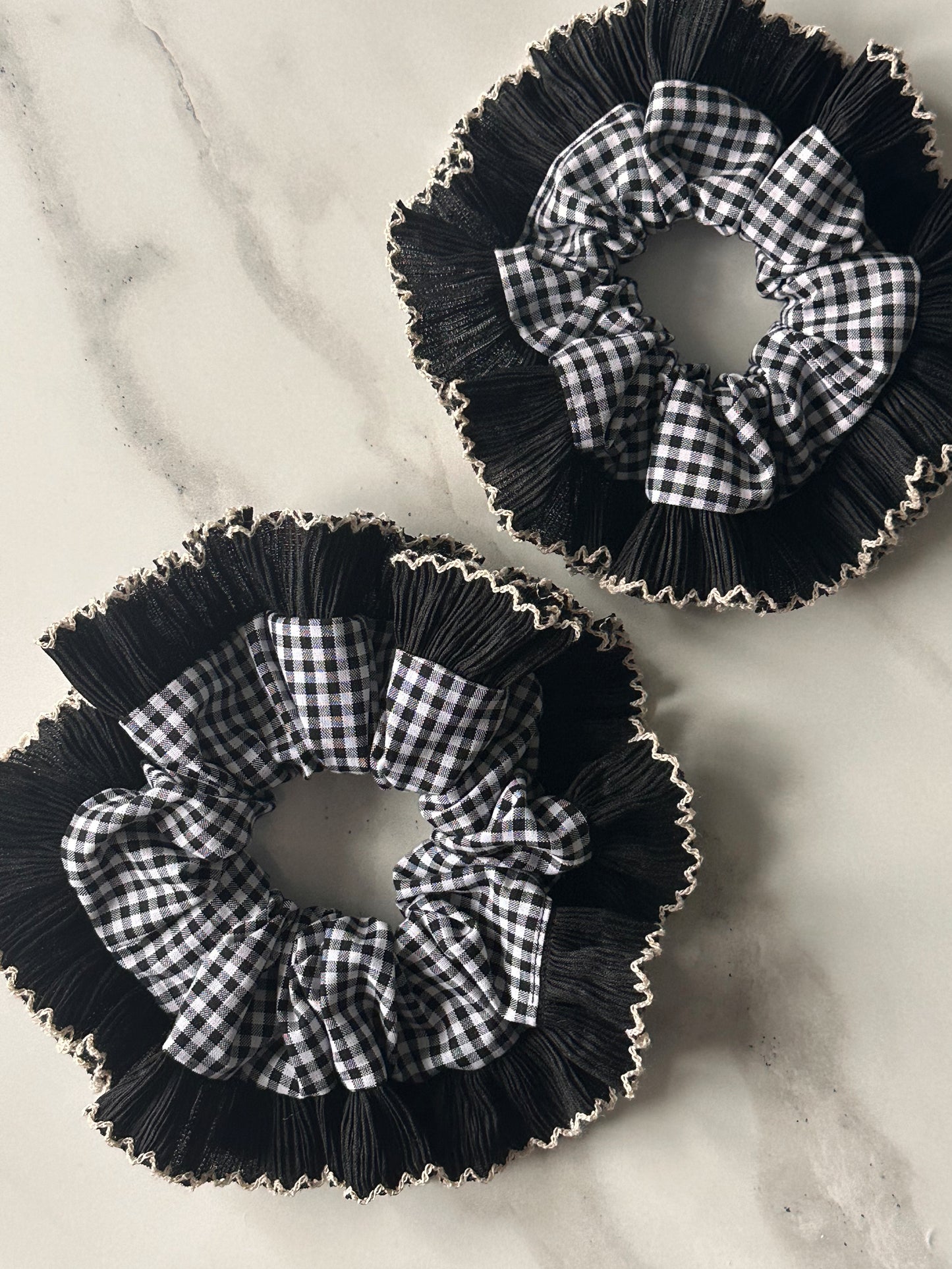 Mini Oversized Black Gingham Scrunchie with Black Frill Trim