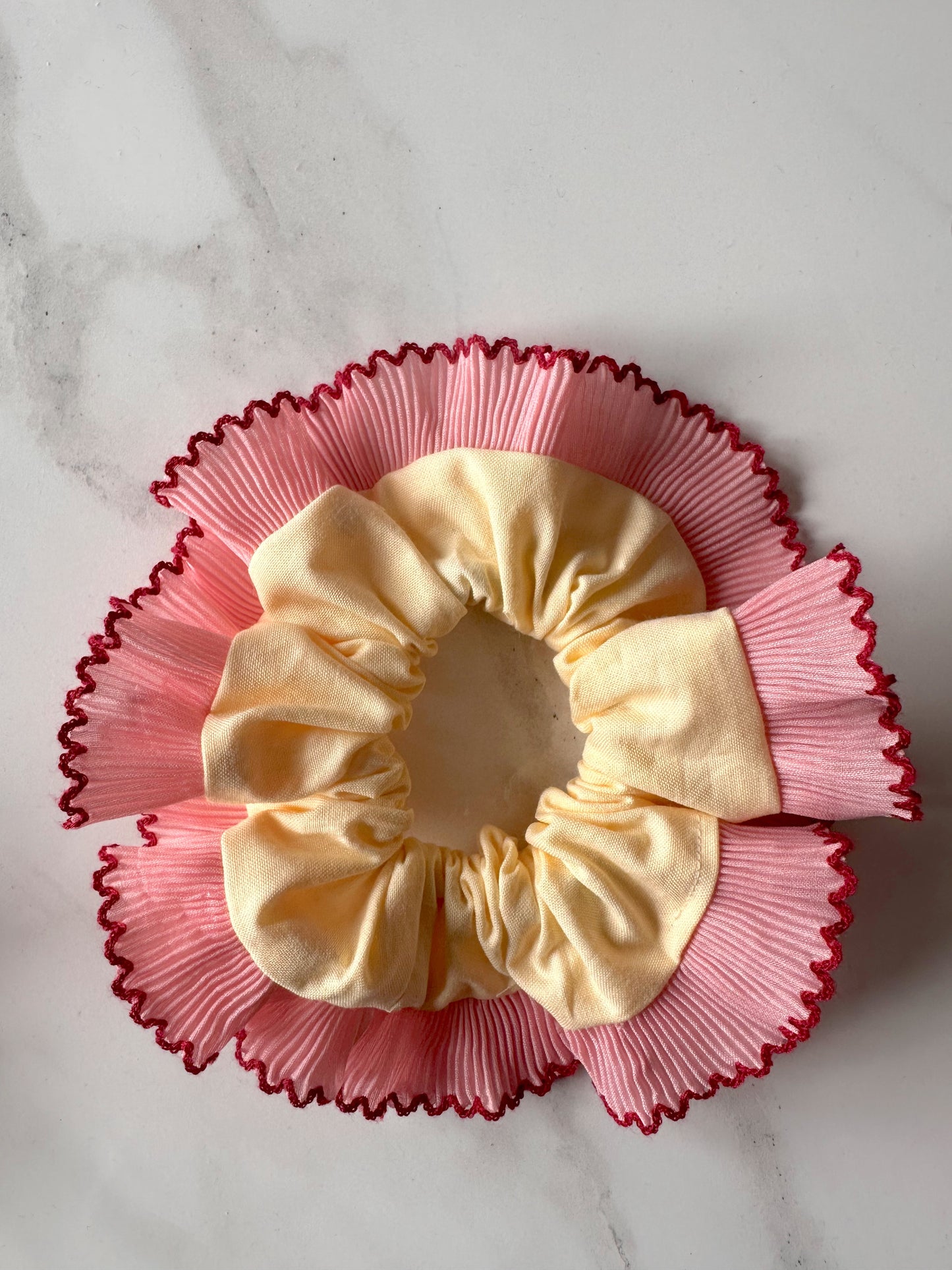Handmade XL Butter Yellow and Pink Cotton Ruffle Scrunchie