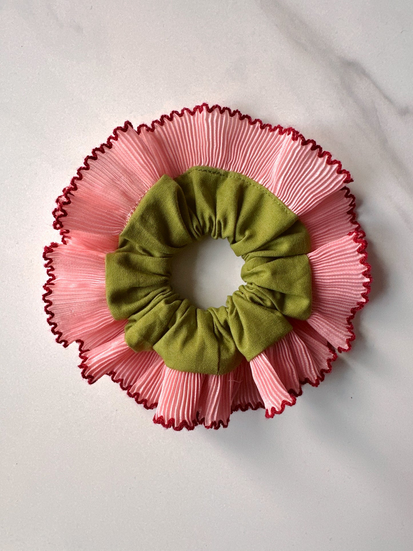 Smaller Oversized Olive Green Scrunchie with Pink and Red Frill Trim