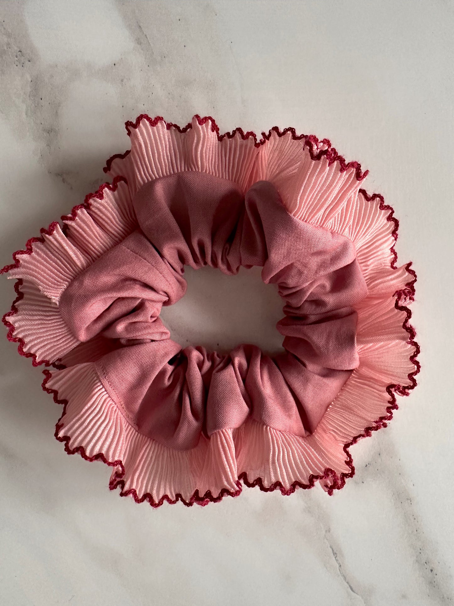 XL Dusk Pink Scrunchie with Pink and Red Frill Trim