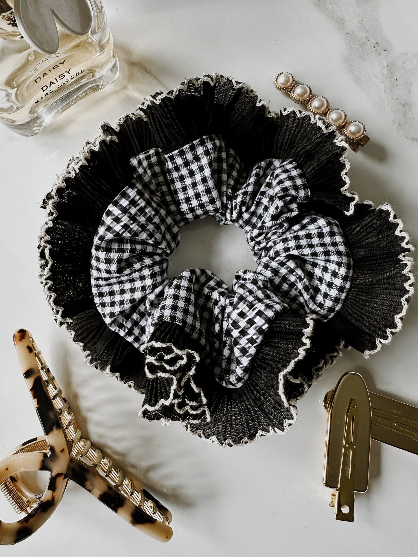 Black Gingham Scrunchie with Black and White Frill Trim