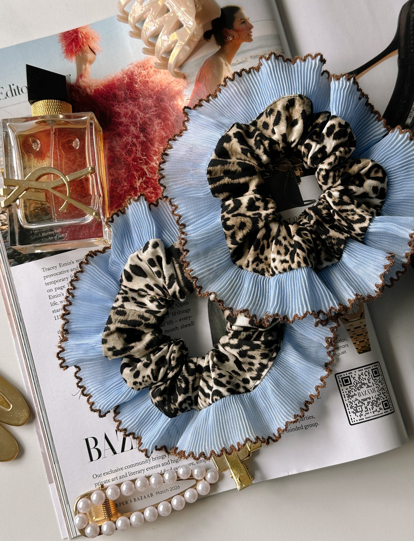 Oversized Leopard Print Scrunchie with Baby Blue Frill Trim