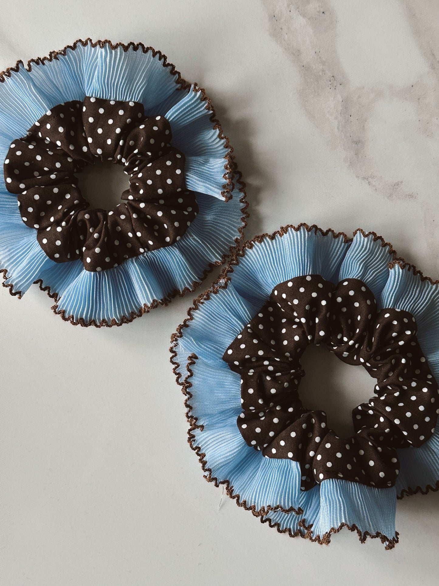 Oversized Dark Brown Polkadot Scrunchie with Baby Blue Frill Trim