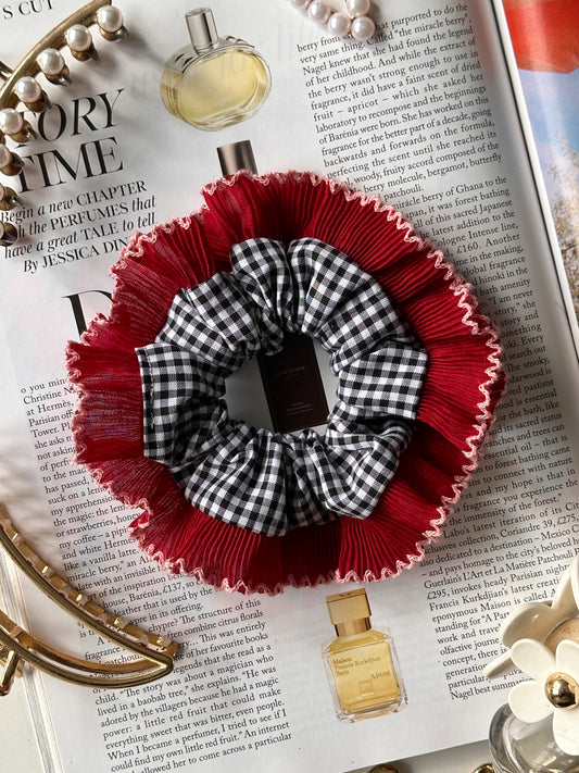 Smaller Oversized Black Gingham Scrunchie with Red Frill Trim