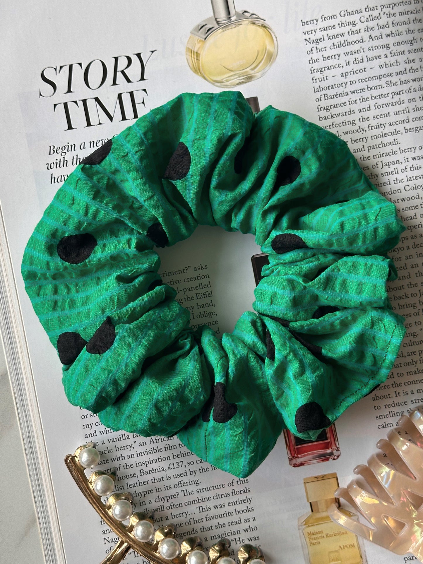 XL Green and Black Polkadot and Striped Scrunchie